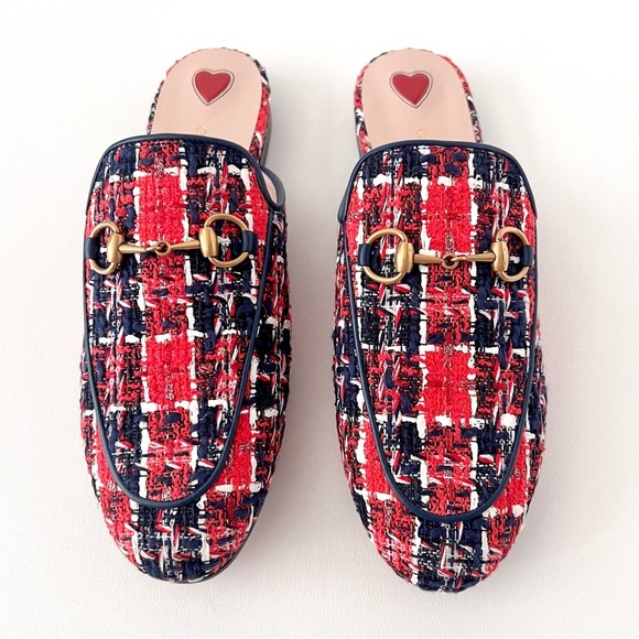 GUCCI || Princetown Red Blue Tweed Horsebit Loafer Mule Slipper Flat US 6.5 - Picture 3 of 12